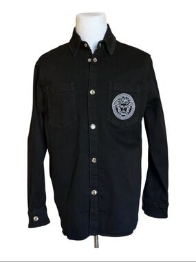 Versace Black Button-Front Shirt Jacket with Medusa Chest Patch Authentic 100%